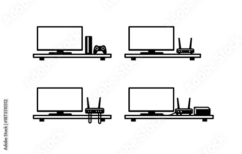 Minimalist entertainment setup icons: gaming, streaming, tv, router variations
