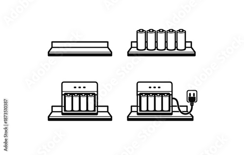 Battery charging process with step-by-step icon illustrations