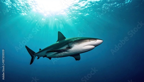 Wallpaper Mural Majestic Shark Swimming in the Deep Blue Ocean Under Sunlight. Torontodigital.ca