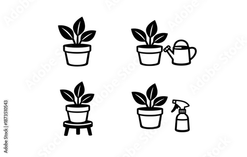 Set of plant care icons: watering pots and tools