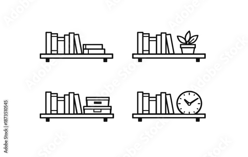 Minimalist bookshelves with books, plant, boxes, and clock in line art style