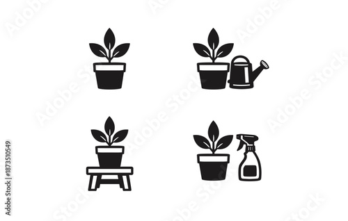 Black and white plant care icons with watering can and spray bottle