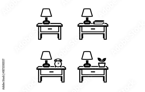 Set of four nightstand icons with lamp, books, clock, and plant