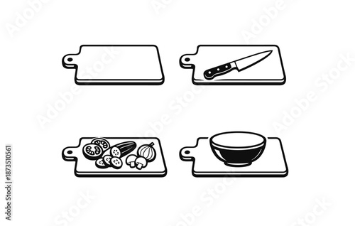 Kitchen utensils and ingredients on cutting boards with knife and bowl