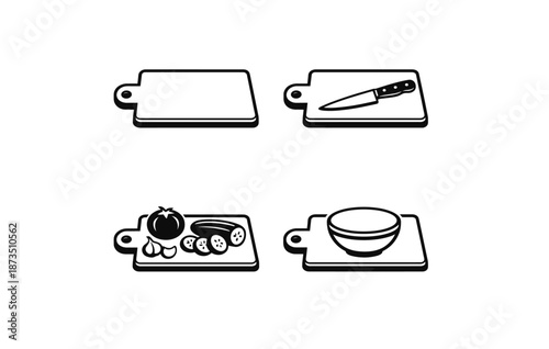Cooking preparation: cutting board, knife, vegetables, bowl icons