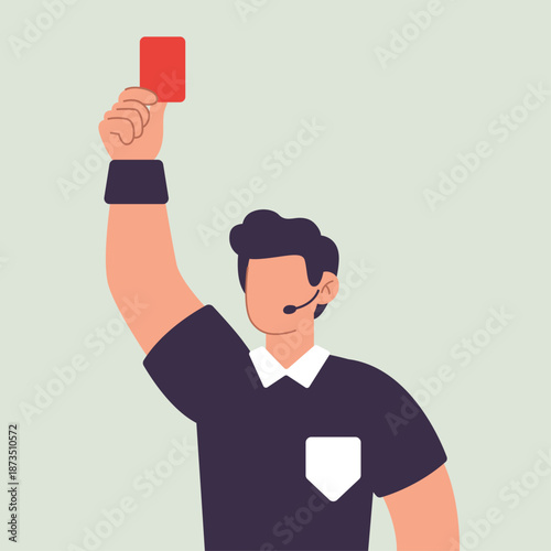 Vector illustration of soccer referee showing a red card during a football match. Flat modern character design with referee uniform and headset, isolated on light background.