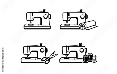 Sewing machines with fabric, scissors, and thread icons for tailoring and crafts