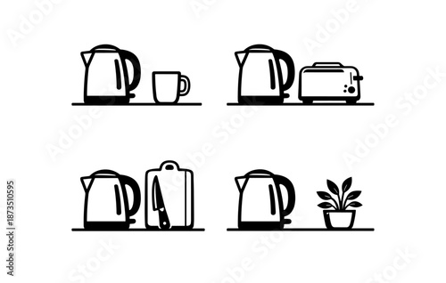 Minimalist kitchen appliances set: kettle, mug, toaster, knife, and plant