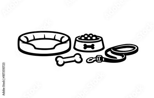 Dog essentials: bed, bowl, bone, leash icons in black and white