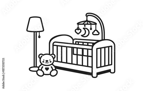 Cozy nursery with crib mobile, teddy bear, and floor lamp illustration