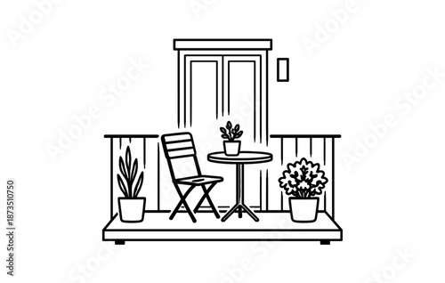 Minimalist balcony with plants, chair, and table in monochrome line art