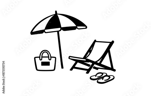 Summer beach setup with umbrella, chair, bag, and flip-flops