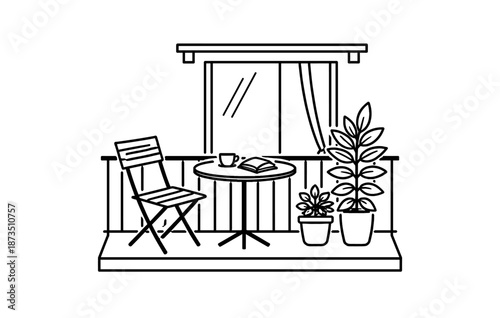 Cozy balcony with table, chair, and plants in minimalist line art design