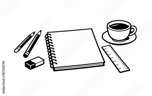 Notebook and coffee cup with stationary items: pencils, eraser, ruler on white background