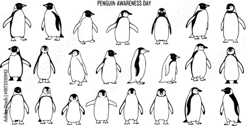 Penguin Awareness Day Hand-drawn Black and White Line Art Set: Diverse Collection of Cute Antarctic Birds for Education, Nature, Wildlife, and Environmental Themes