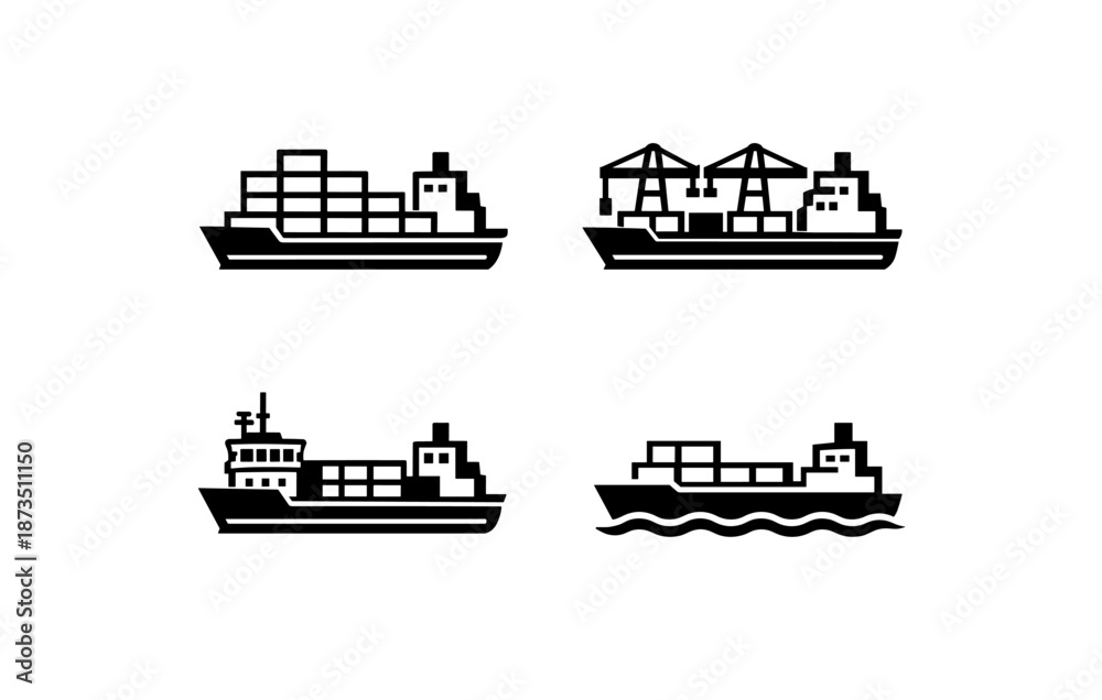 Obraz premium Silhouette icons of cargo ships with containers and cranes