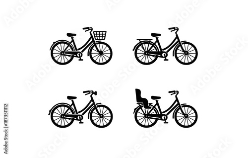 Set of four bicycle silhouettes featuring baskets and child seats