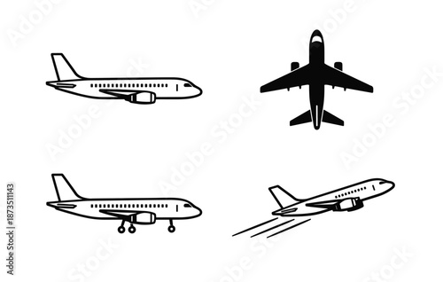 Four airplane silhouettes showing different angles and positions