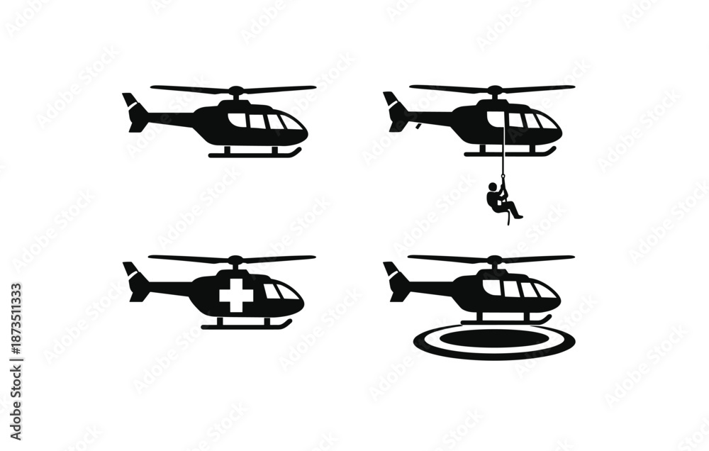 Obraz premium Set of helicopter icons: rescue, medical, cargo, and landing illustrations
