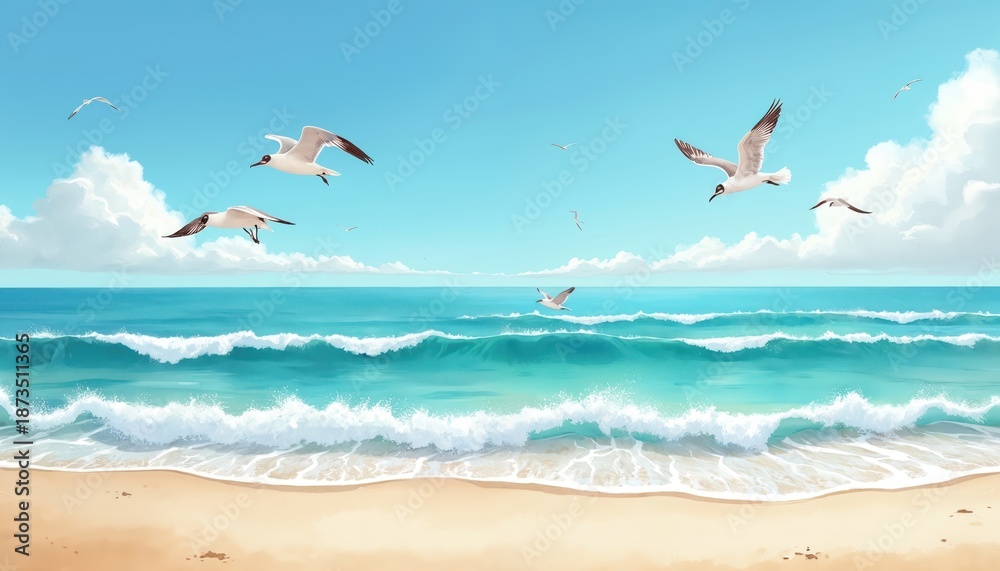 Fototapeta premium Illustration shows tranquil beach scenery with gulls. Blue sea waves break near sandy shore. Sunny day at coast provides feelings of peacefulness, relaxation for summer vacation mood. Sky clear,