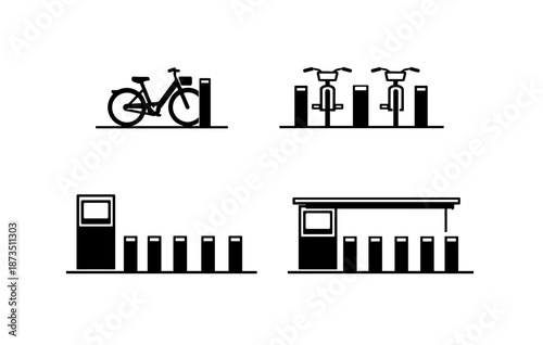 Bicycle parking illustrations featuring bike racks and charging stations