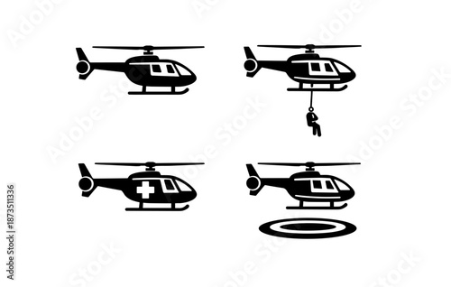 Helicopter icons: rescue, medical, transport, and landing display