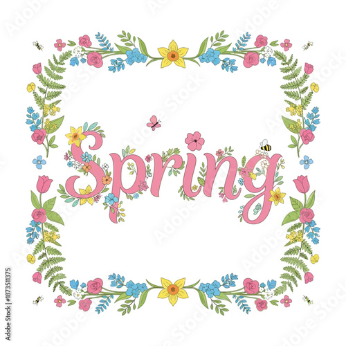 Spring floral frame with calligraphy text, bees, and butterflies