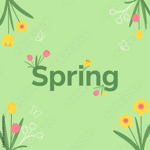 Spring floral illustration with tulips, daffodils and butterflies on green background