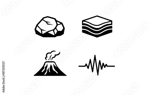 Geology icons: rock, layers, volcano, seismic wave symbols