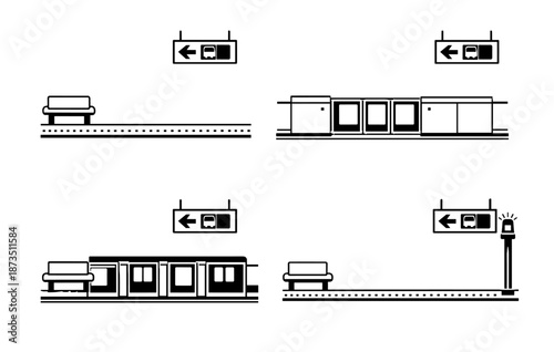 Minimalist subway train and platform icons with benches and directional signs
