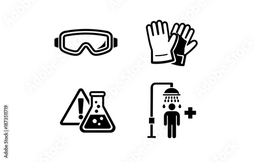 Safety symbols: goggles, gloves, hazard sign, emergency shower icons