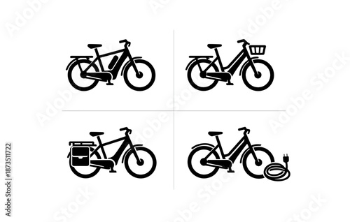 Set of four electric bicycle silhouettes with accessories