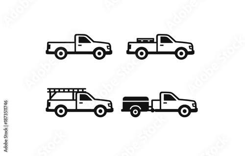 Set of four pickup truck icons with accessories and trailer variations