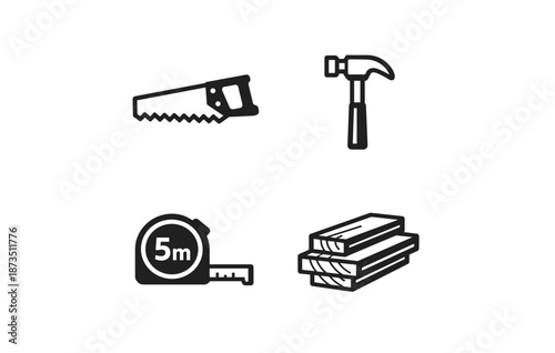 Tools and materials for woodworking: saw, hammer, tape measure, wooden planks