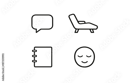 Minimalist icons: speech bubble, lounge chair, notebook, relaxed face