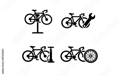 Bicycle repair icon set: tools, stand, pump, and wheel maintenance