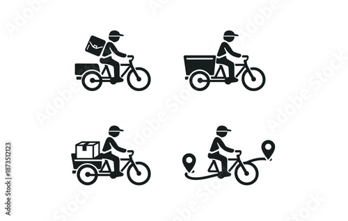 Illustrations of bicycle delivery with various cargo load options and navigation pins