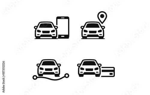 Car sharing icons set featuring smartphone, location pin, charging cable, and credit card