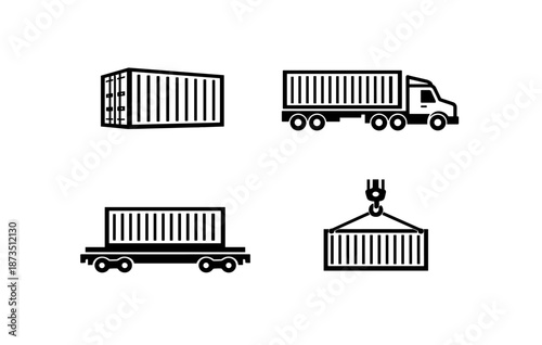 Shipping container icons: truck, train, crane, depot for logistics and transportation