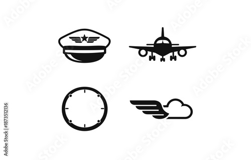 Aviation icons: pilot cap, airplane, clock, winged cloud graphics