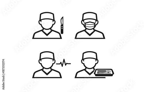 Medical icons featuring surgeons with tools and equipment