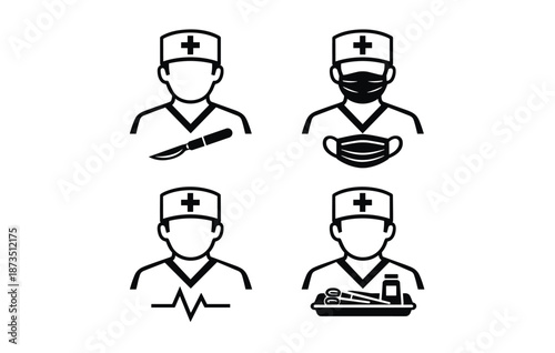 Medical icons: surgeons with masks, scalpels, and hospital tray symbols