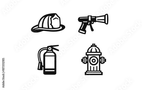 Firefighter equipment icons: helmet, hose, extinguisher, hydrant