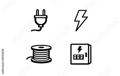 Simple electrical icons: plug, lightning bolt, cable coil, circuit breaker