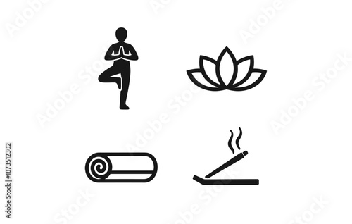 Yoga and meditation icons including lotus pose, lotus flower, yoga mat, and incense stick