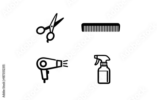 Barber essentials: scissors comb hairdryer spray bottle icons