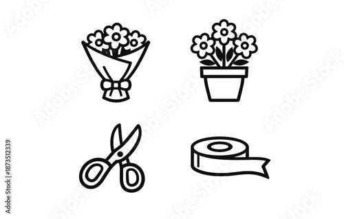 Floral and craft icons: bouquet, potted flowers, scissors, tape