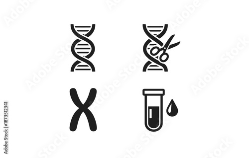 Genome editing symbols: dna strand, scissors, chromosome, test tube icons