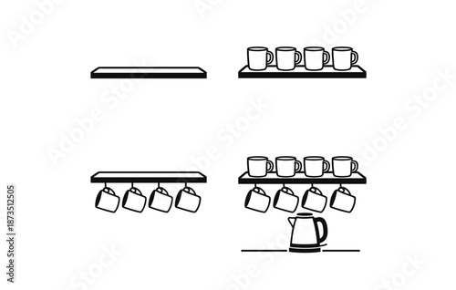 Four minimalist kitchen shelf designs with mug arrangements