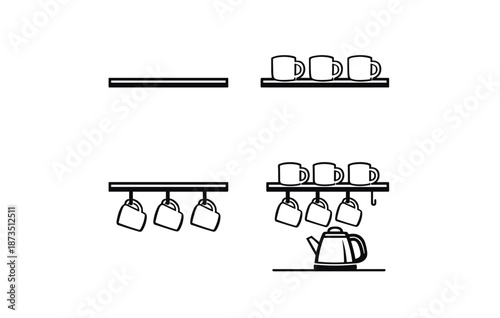 Minimalist kitchen design with mugs and kettle on shelves